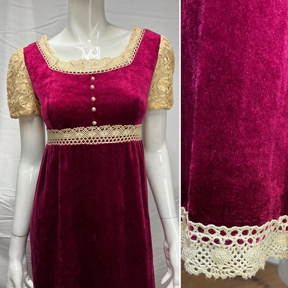 Women's Vintage Lisa Jo Crimson Red Velvet Cream Crochet Lace 70’s Long Dress S - Picture 12 of 13